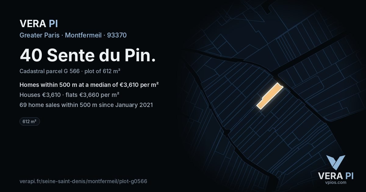 40 Sente du Pin, Montfermeil at night – the plot lit, the parcels around coloured by the prices near them