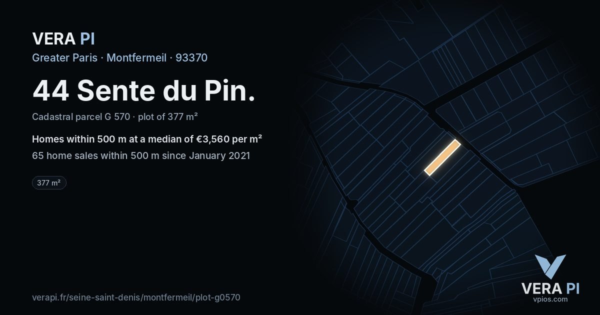 44 Sente du Pin, Montfermeil at night – the plot lit, the parcels around coloured by the prices near them