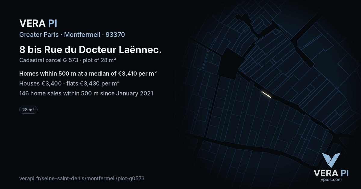 8 bis Rue du Docteur Laënnec, Montfermeil at night – the plot lit, the parcels around coloured by the prices near them