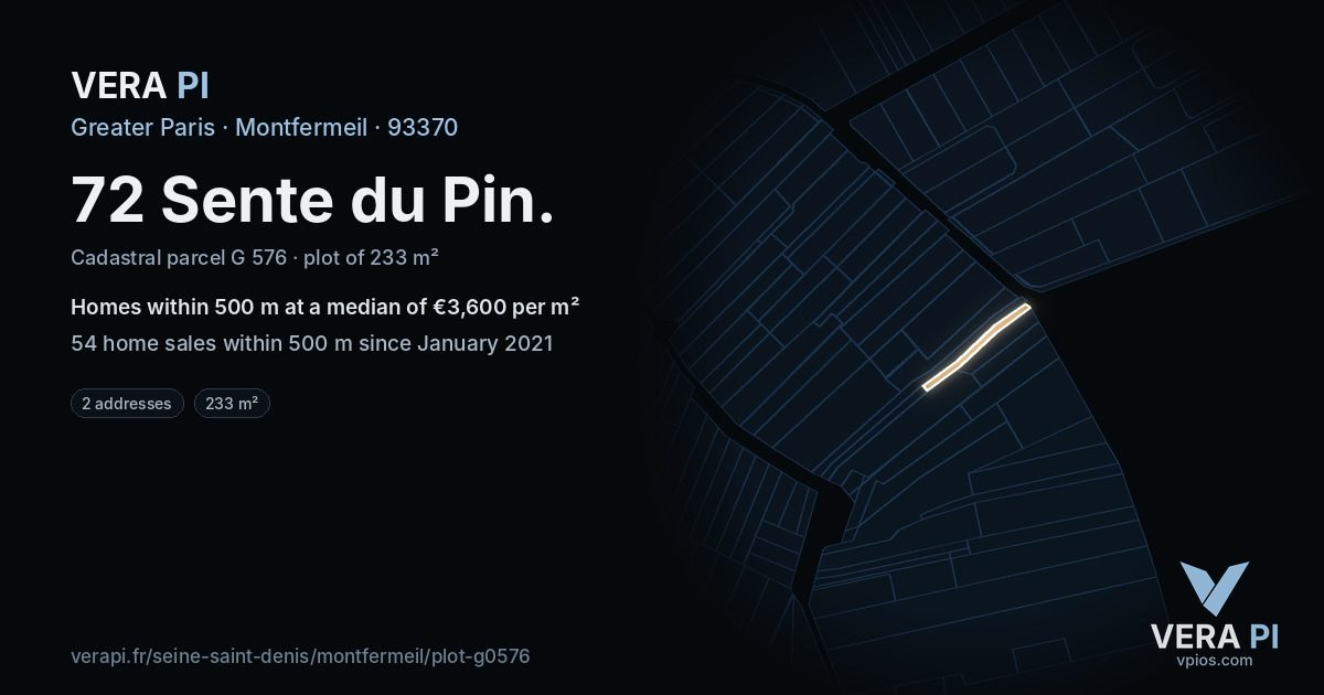 72 Sente du Pin, Montfermeil at night – the plot lit, the parcels around coloured by the prices near them
