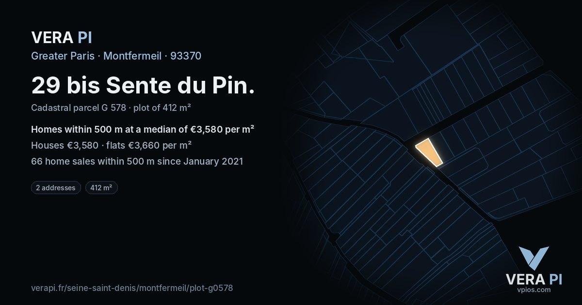 29 bis Sente du Pin, Montfermeil at night – the plot lit, the parcels around coloured by the prices near them