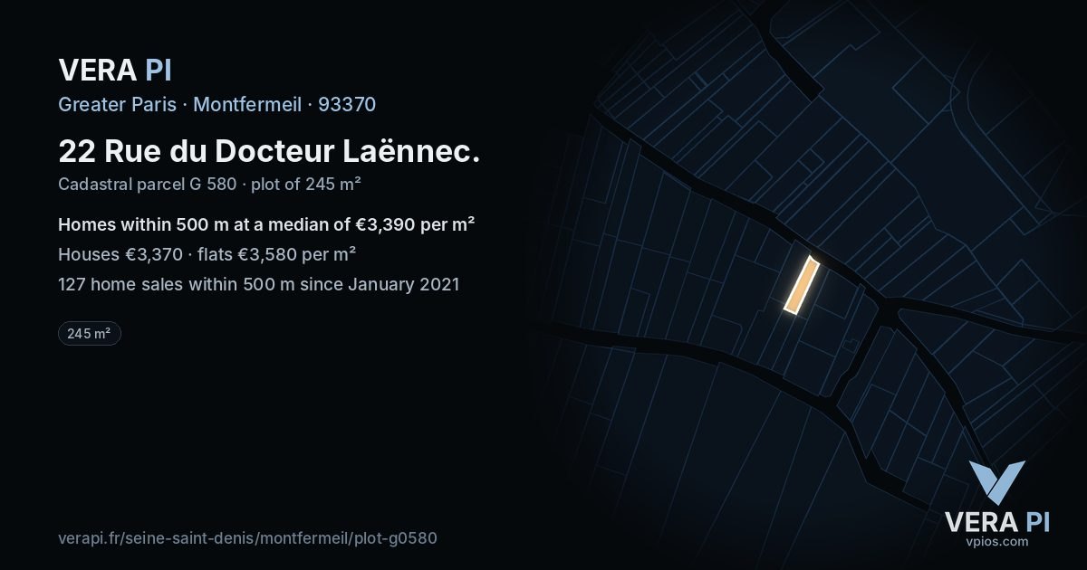 22 Rue du Docteur Laënnec, Montfermeil at night – the plot lit, the parcels around coloured by the prices near them