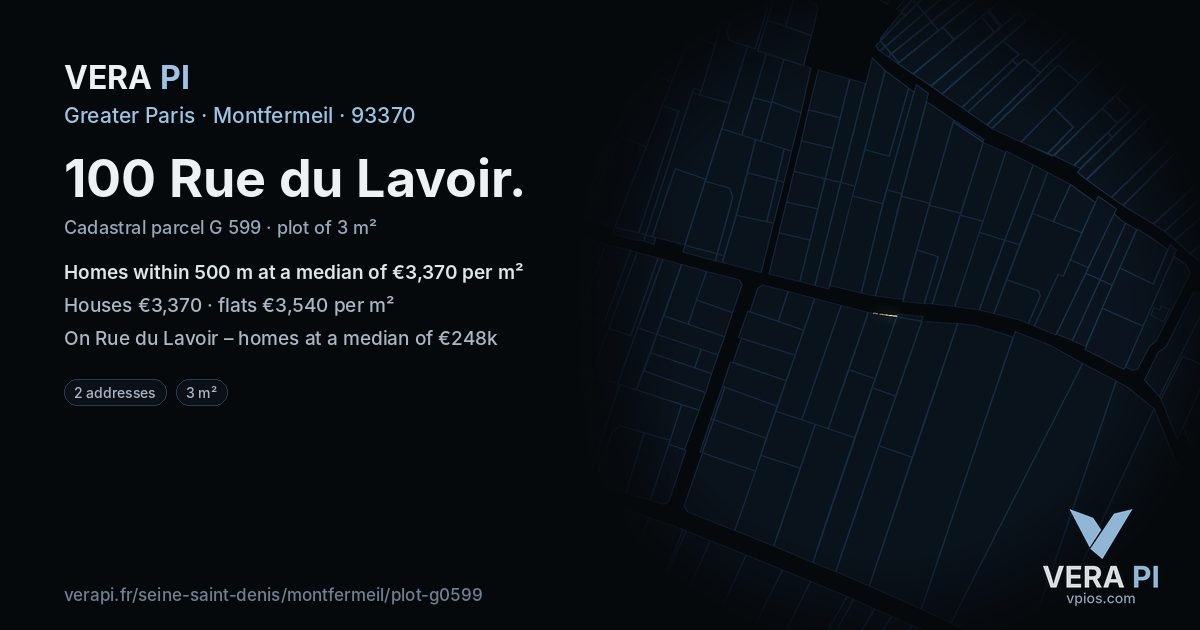 100 Rue du Lavoir, Montfermeil at night – the plot lit, the parcels around coloured by the prices near them
