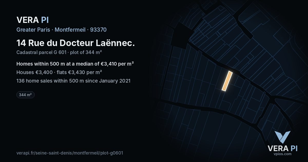 14 Rue du Docteur Laënnec, Montfermeil at night – the plot lit, the parcels around coloured by the prices near them