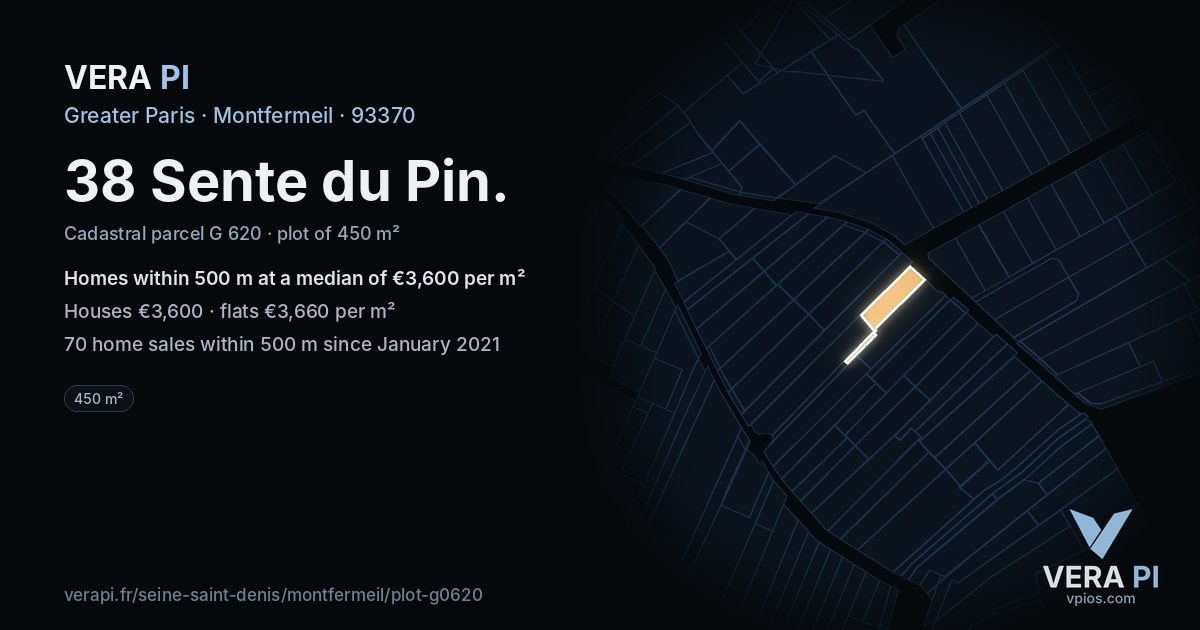 38 Sente du Pin, Montfermeil at night – the plot lit, the parcels around coloured by the prices near them