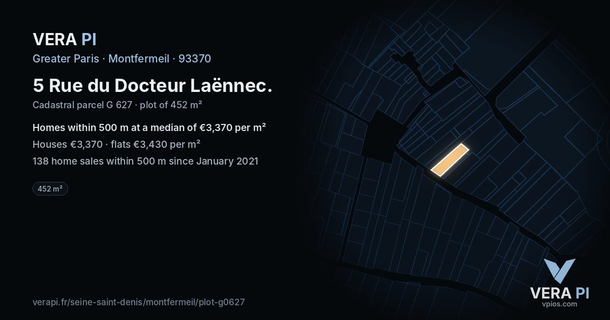 5 Rue du Docteur Laënnec, Montfermeil at night – the plot lit, the parcels around coloured by the prices near them