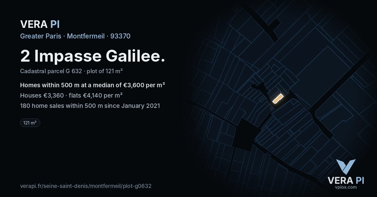 2 Impasse Galilee, Montfermeil at night – the plot lit, the parcels around coloured by the prices near them