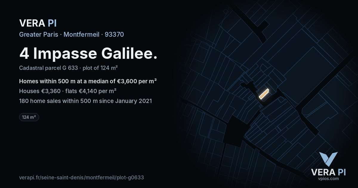 4 Impasse Galilee, Montfermeil at night – the plot lit, the parcels around coloured by the prices near them
