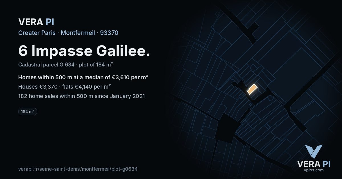 6 Impasse Galilee, Montfermeil at night – the plot lit, the parcels around coloured by the prices near them