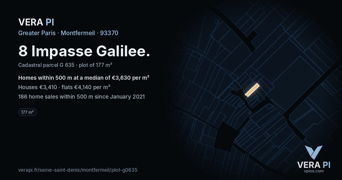 8 Impasse Galilee, Montfermeil at night – the plot lit, the parcels around coloured by the prices near them