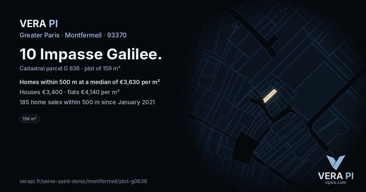 10 Impasse Galilee, Montfermeil at night – the plot lit, the parcels around coloured by the prices near them
