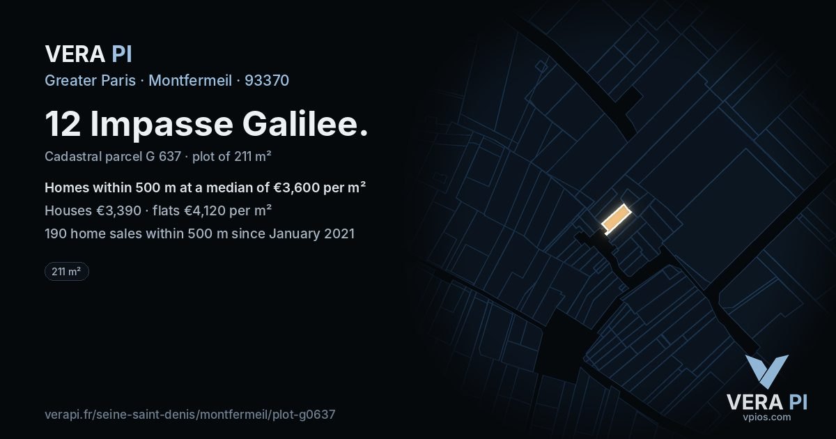 12 Impasse Galilee, Montfermeil at night – the plot lit, the parcels around coloured by the prices near them