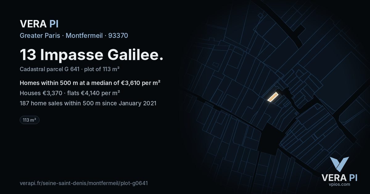 13 Impasse Galilee, Montfermeil at night – the plot lit, the parcels around coloured by the prices near them