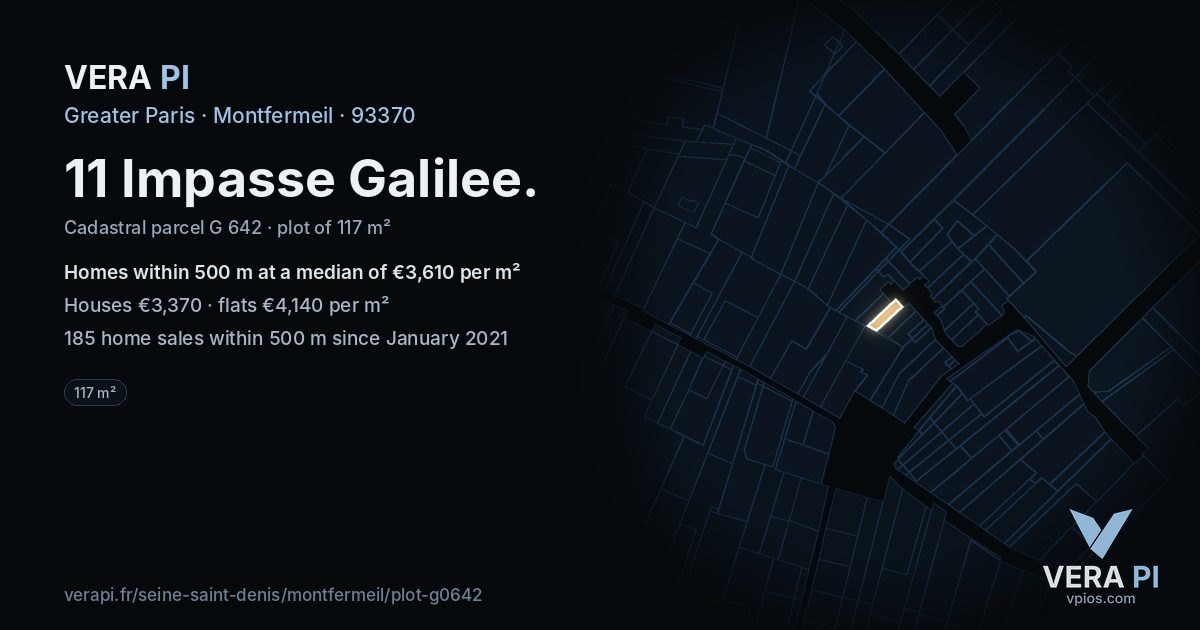 11 Impasse Galilee, Montfermeil at night – the plot lit, the parcels around coloured by the prices near them