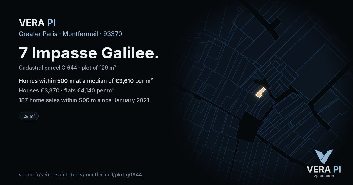 7 Impasse Galilee, Montfermeil at night – the plot lit, the parcels around coloured by the prices near them