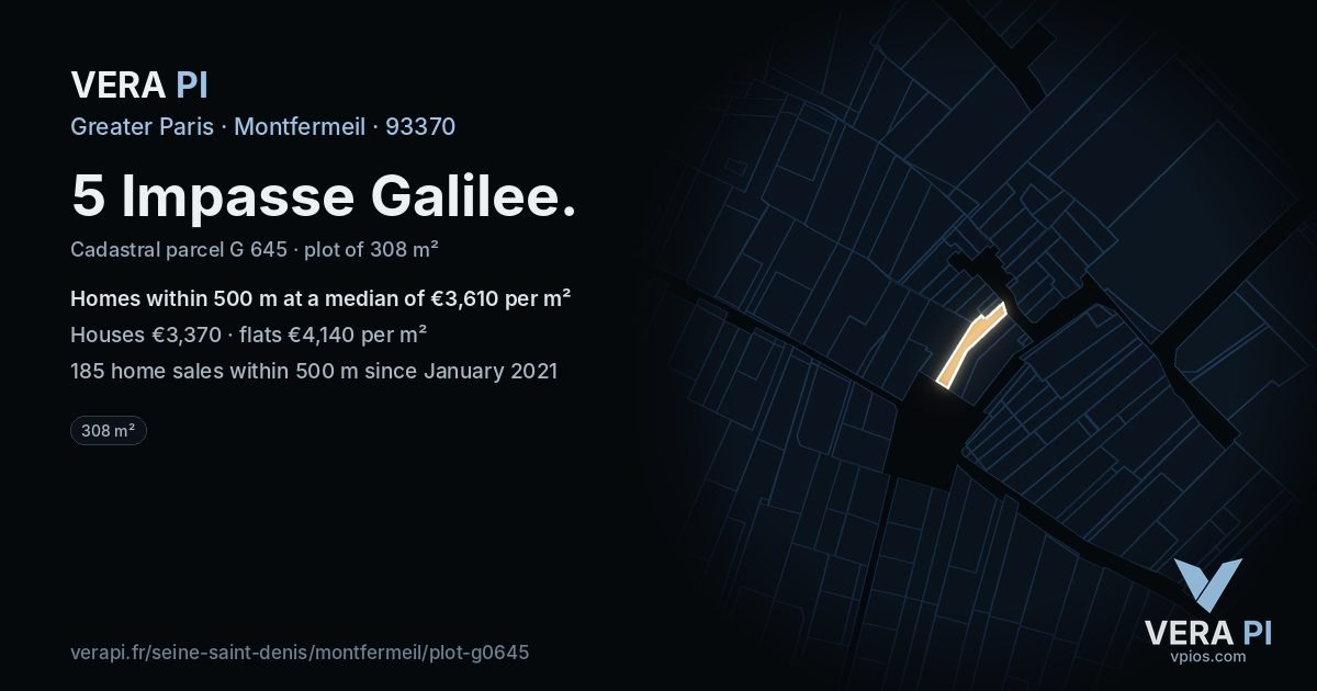 5 Impasse Galilee, Montfermeil at night – the plot lit, the parcels around coloured by the prices near them