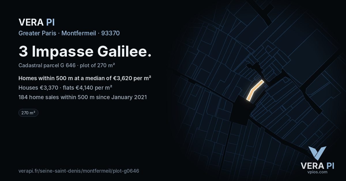 3 Impasse Galilee, Montfermeil at night – the plot lit, the parcels around coloured by the prices near them