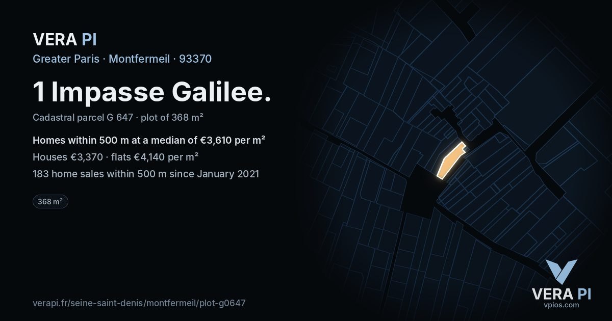 1 Impasse Galilee, Montfermeil at night – the plot lit, the parcels around coloured by the prices near them