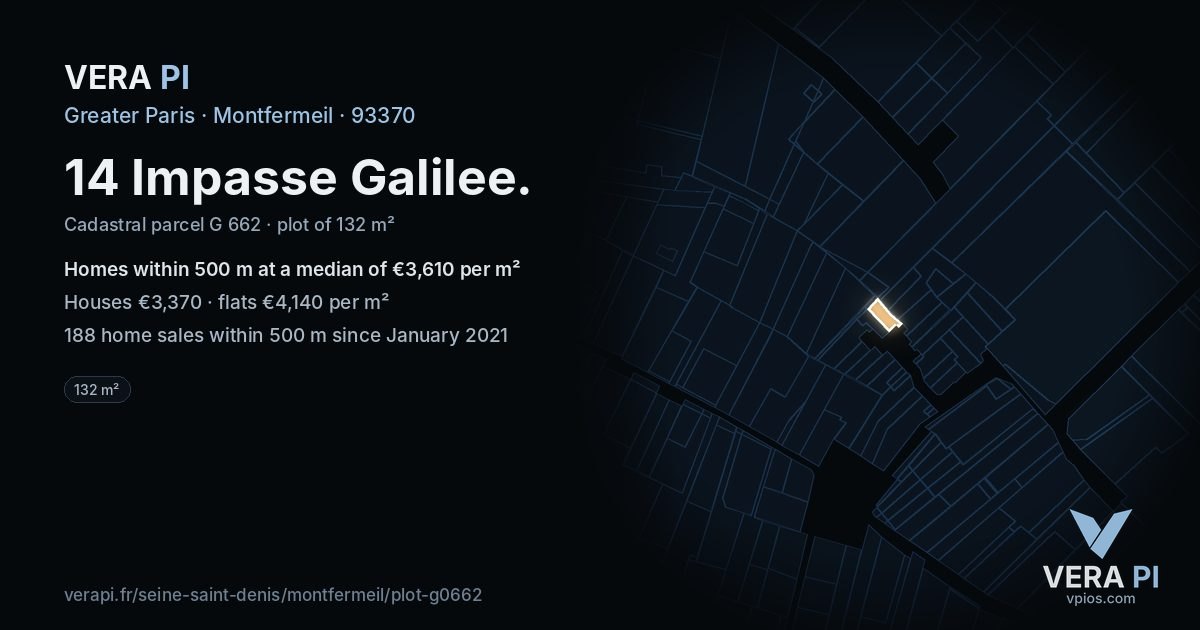 14 Impasse Galilee, Montfermeil at night – the plot lit, the parcels around coloured by the prices near them