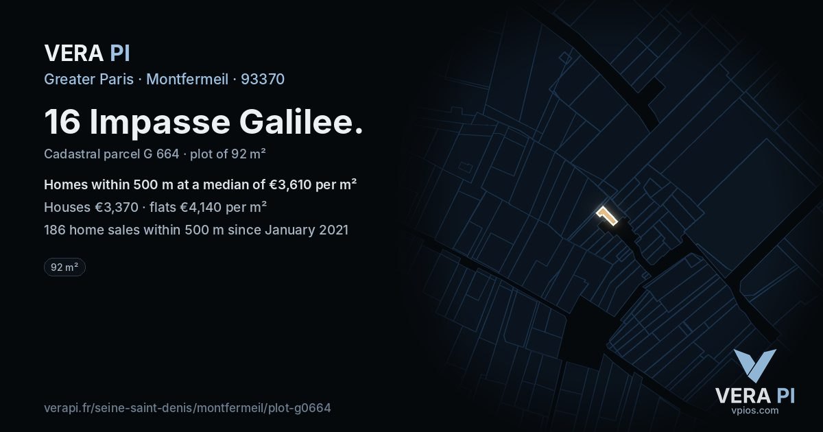 16 Impasse Galilee, Montfermeil at night – the plot lit, the parcels around coloured by the prices near them