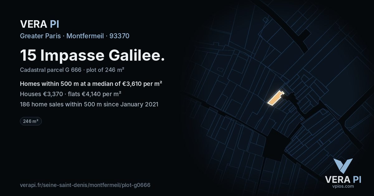 15 Impasse Galilee, Montfermeil at night – the plot lit, the parcels around coloured by the prices near them