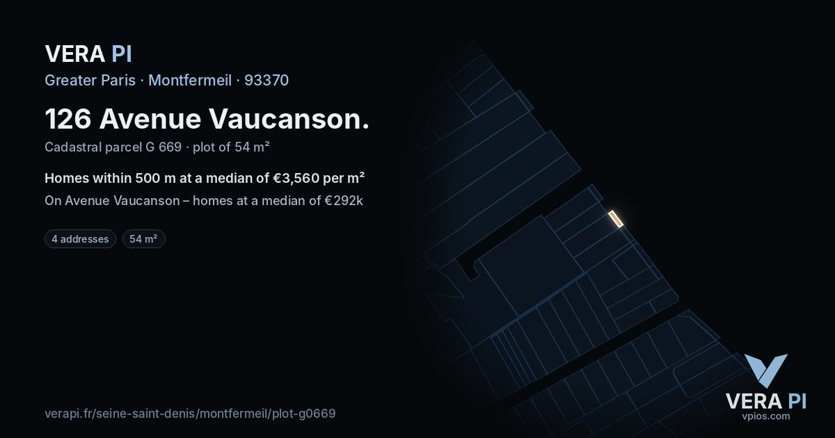 126 Avenue Vaucanson, Montfermeil at night – the plot lit, the parcels around coloured by the prices near them