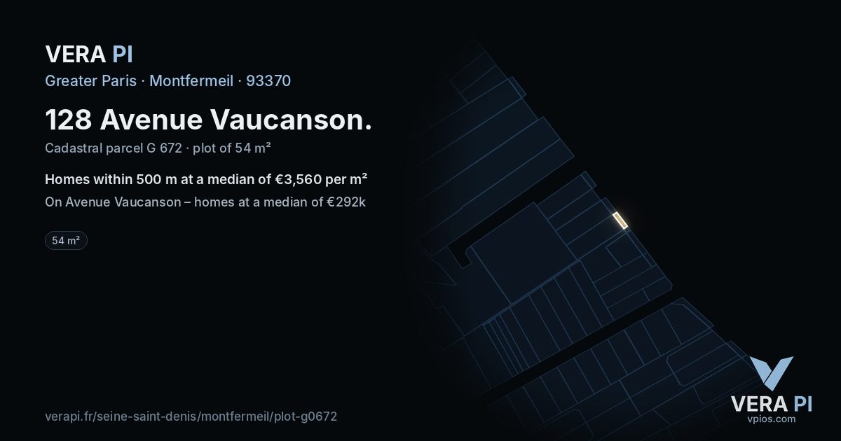 128 Avenue Vaucanson, Montfermeil at night – the plot lit, the parcels around coloured by the prices near them