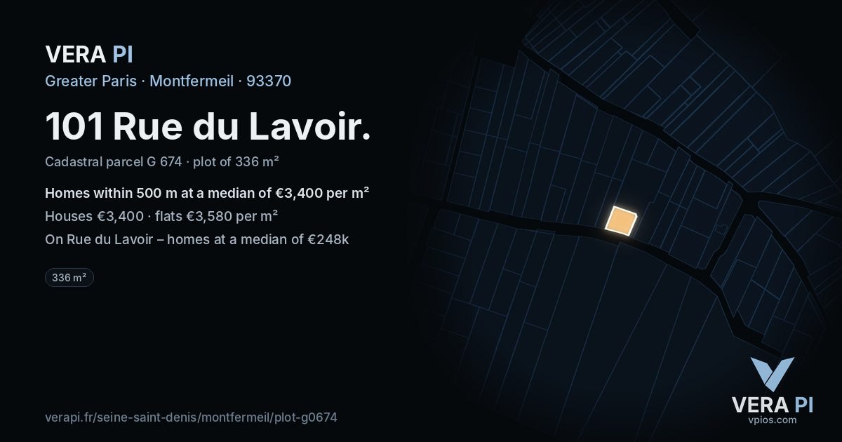 101 Rue du Lavoir, Montfermeil at night – the plot lit, the parcels around coloured by the prices near them