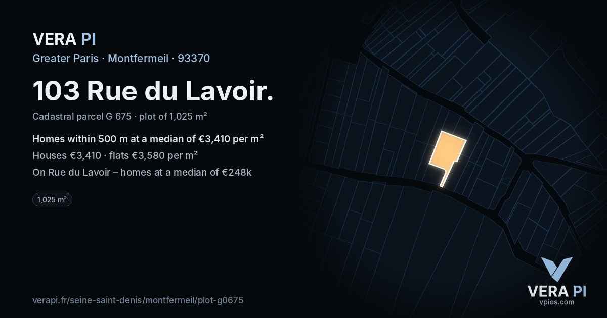 103 Rue du Lavoir, Montfermeil at night – the plot lit, the parcels around coloured by the prices near them