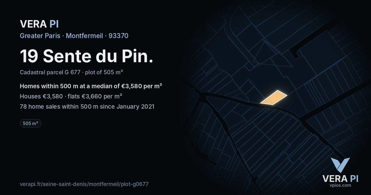 19 Sente du Pin, Montfermeil at night – the plot lit, the parcels around coloured by the prices near them