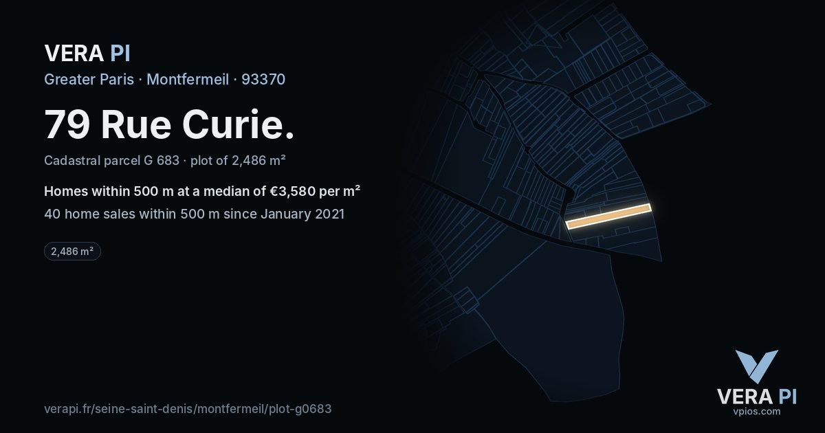79 Rue Curie, Montfermeil at night – the plot lit, the parcels around coloured by the prices near them