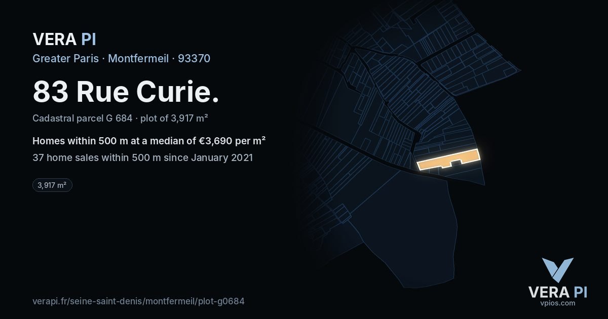 83 Rue Curie, Montfermeil at night – the plot lit, the parcels around coloured by the prices near them