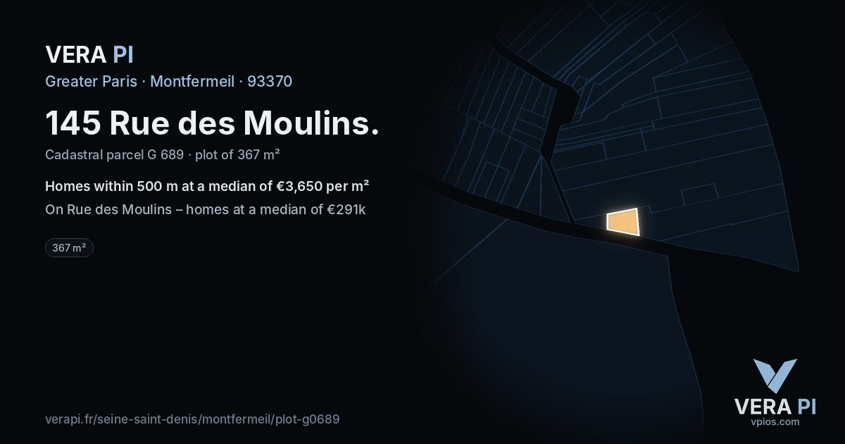 145 Rue des Moulins, Montfermeil at night – the plot lit, the parcels around coloured by the prices near them