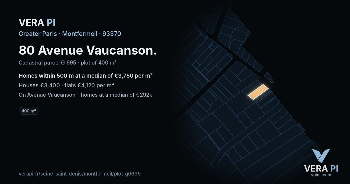80 Avenue Vaucanson, Montfermeil at night – the plot lit, the parcels around coloured by the prices near them