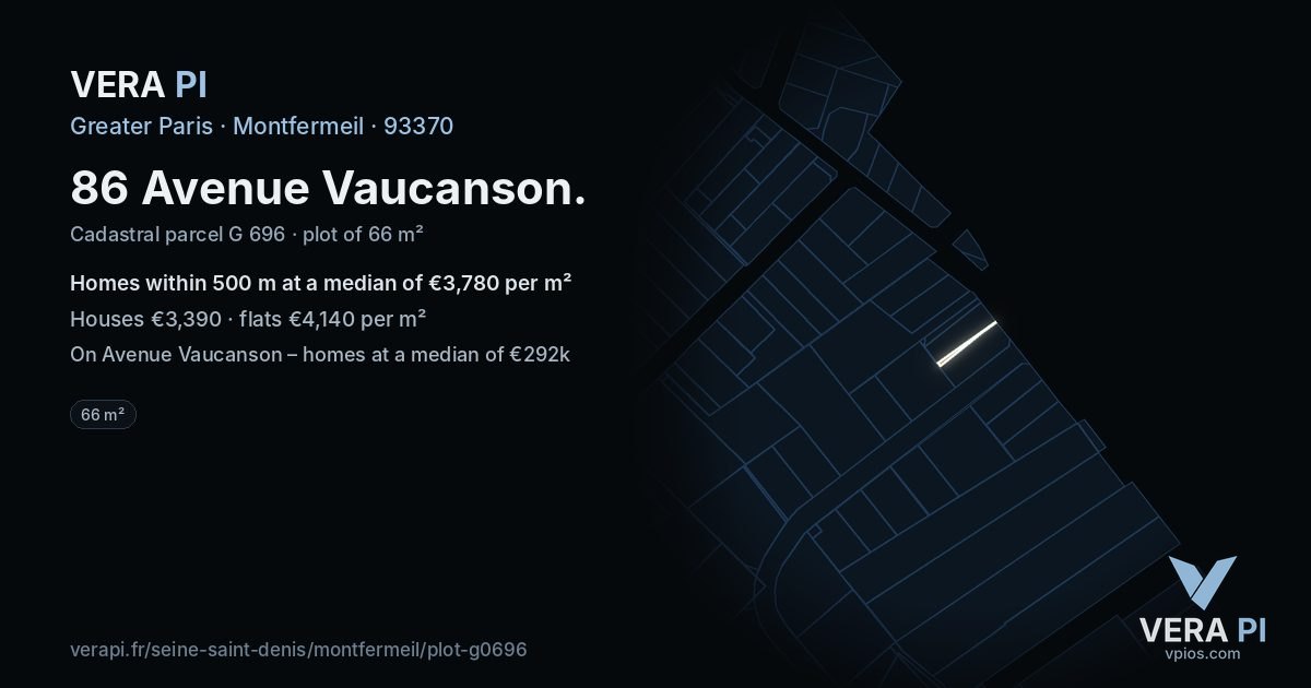 86 Avenue Vaucanson, Montfermeil at night – the plot lit, the parcels around coloured by the prices near them