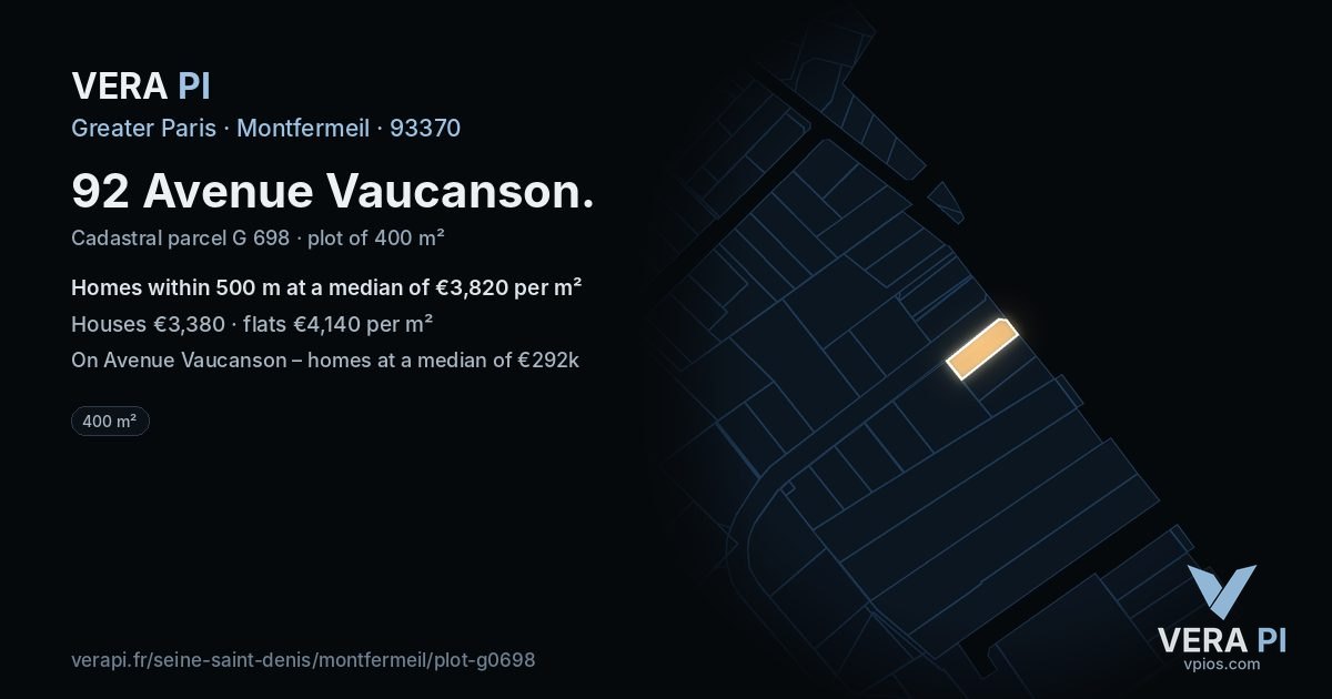 92 Avenue Vaucanson, Montfermeil at night – the plot lit, the parcels around coloured by the prices near them