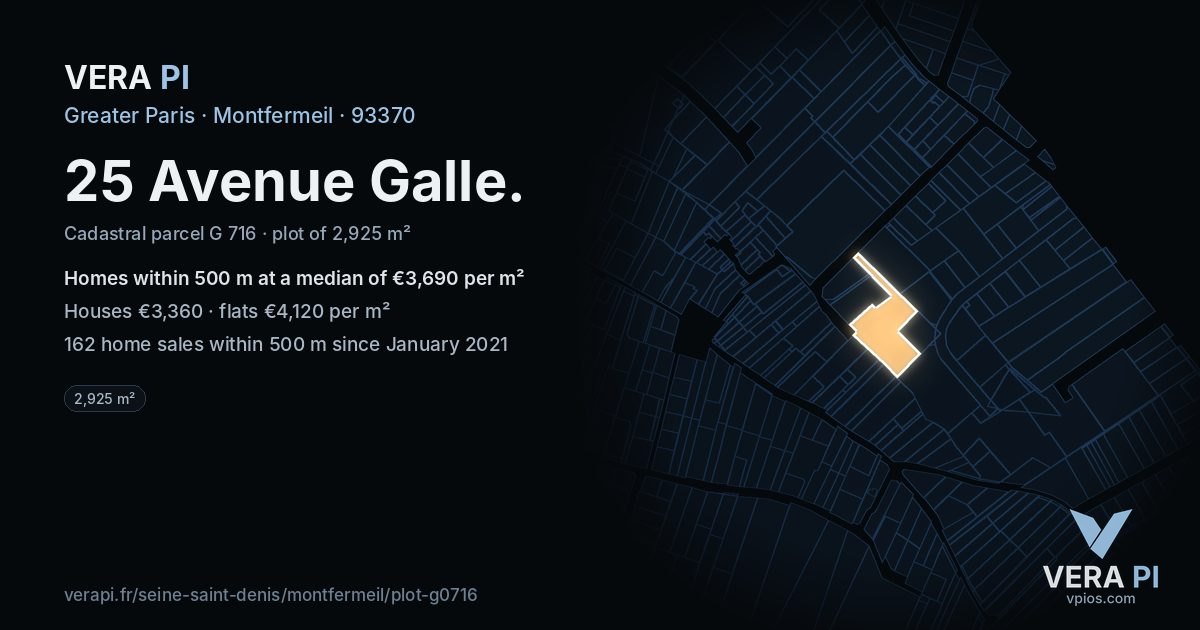 25 Avenue Galle, Montfermeil at night – the plot lit, the parcels around coloured by the prices near them