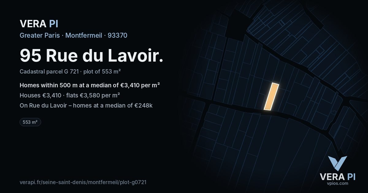 95 Rue du Lavoir, Montfermeil at night – the plot lit, the parcels around coloured by the prices near them