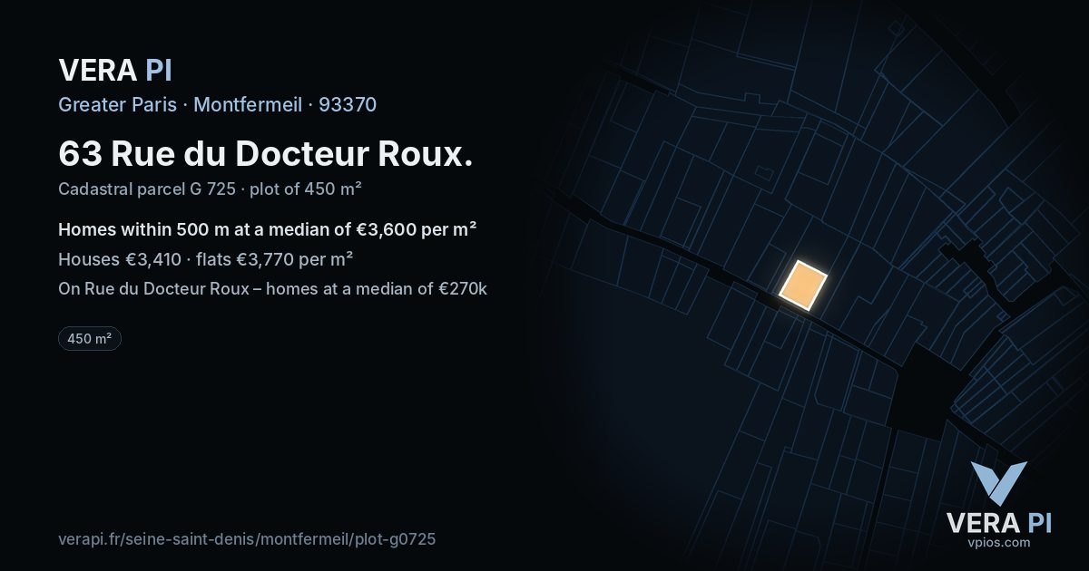 63 Rue du Docteur Roux, Montfermeil at night – the plot lit, the parcels around coloured by the prices near them