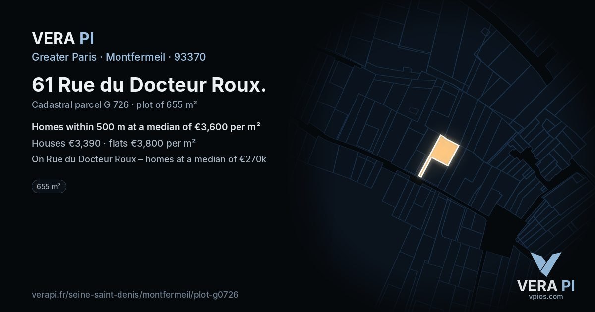 61 Rue du Docteur Roux, Montfermeil at night – the plot lit, the parcels around coloured by the prices near them