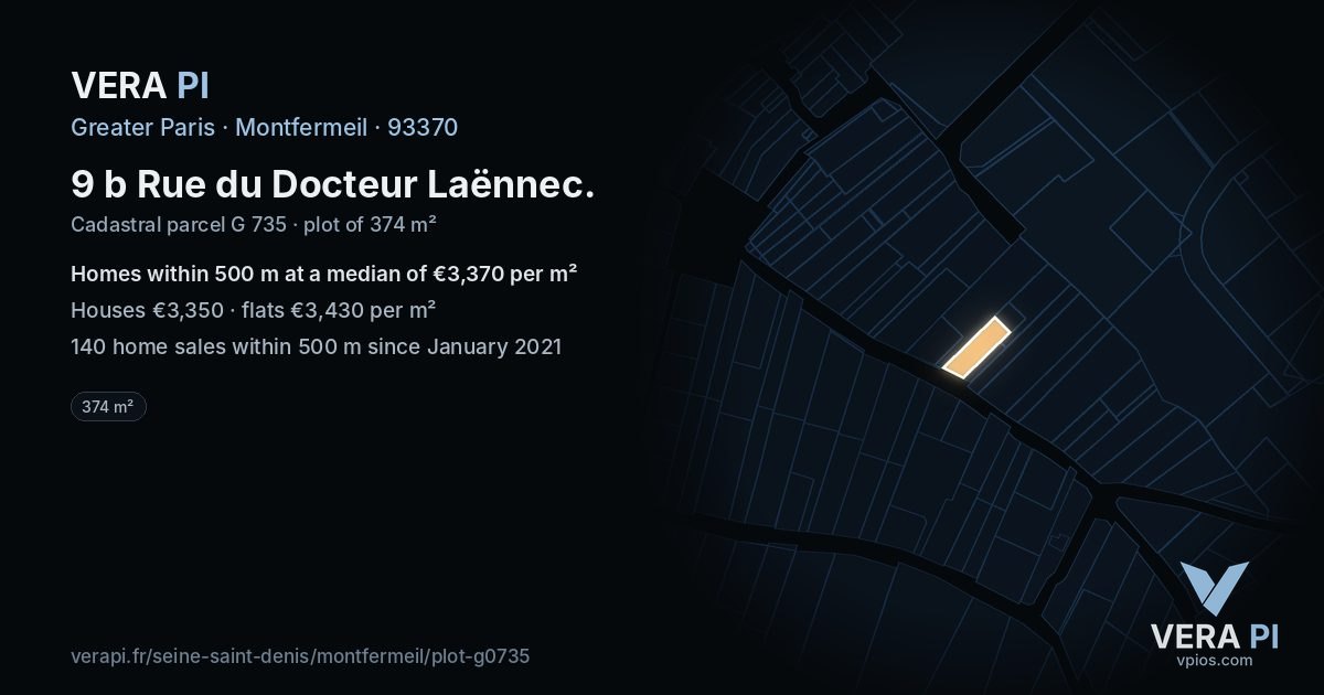 9 b Rue du Docteur Laënnec, Montfermeil at night – the plot lit, the parcels around coloured by the prices near them