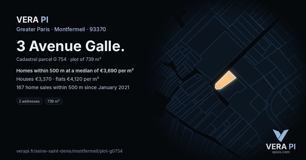 3 Avenue Galle, Montfermeil at night – the plot lit, the parcels around coloured by the prices near them