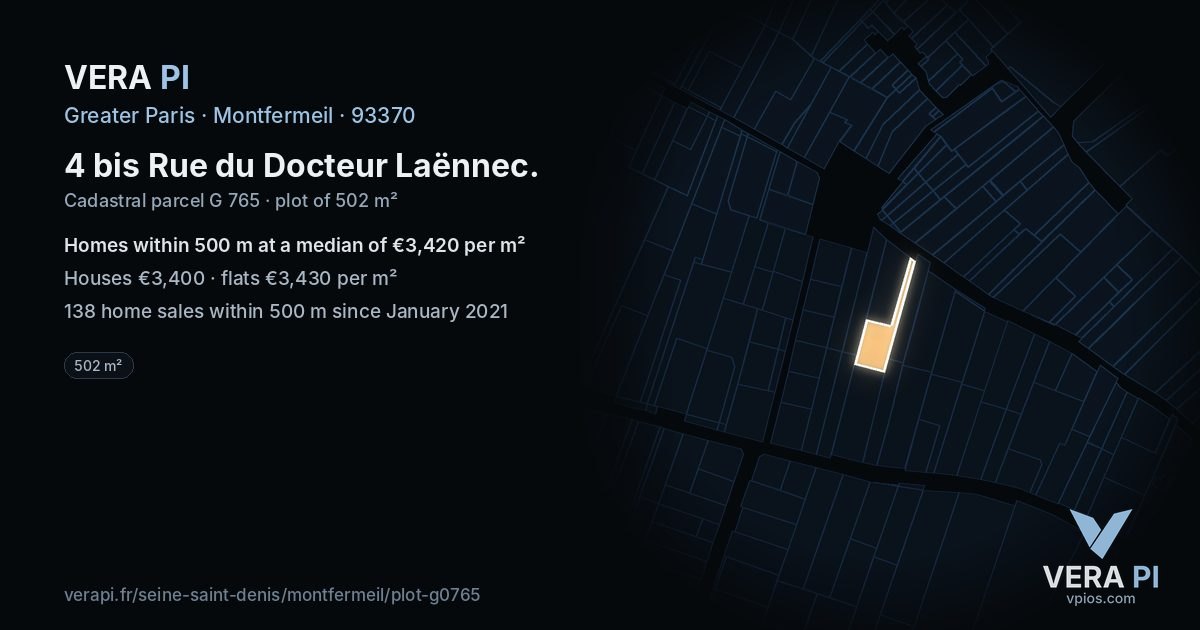4 bis Rue du Docteur Laënnec, Montfermeil at night – the plot lit, the parcels around coloured by the prices near them