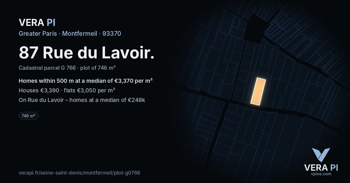 87 Rue du Lavoir, Montfermeil at night – the plot lit, the parcels around coloured by the prices near them