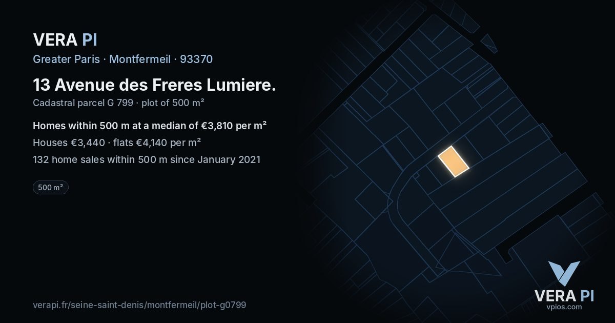 13 Avenue des Freres Lumiere, Montfermeil at night – the plot lit, the parcels around coloured by the prices near them