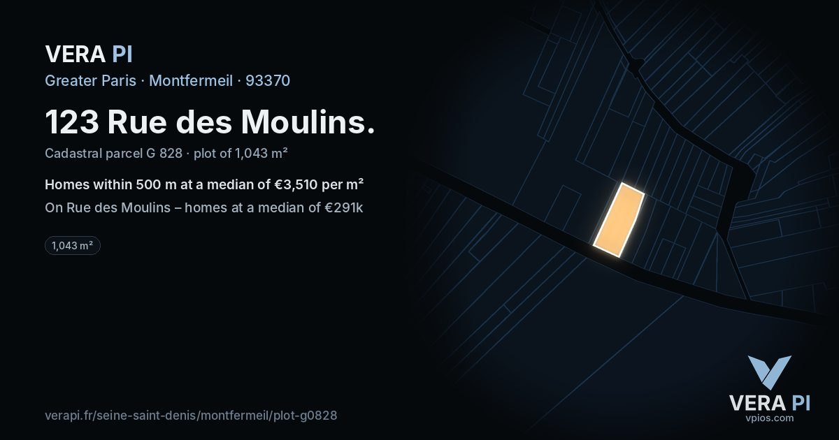 123 Rue des Moulins, Montfermeil at night – the plot lit, the parcels around coloured by the prices near them