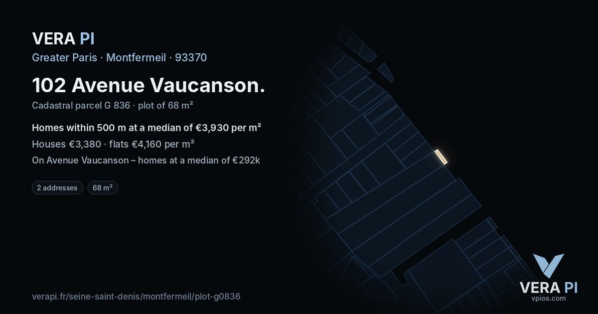 102 Avenue Vaucanson, Montfermeil at night – the plot lit, the parcels around coloured by the prices near them