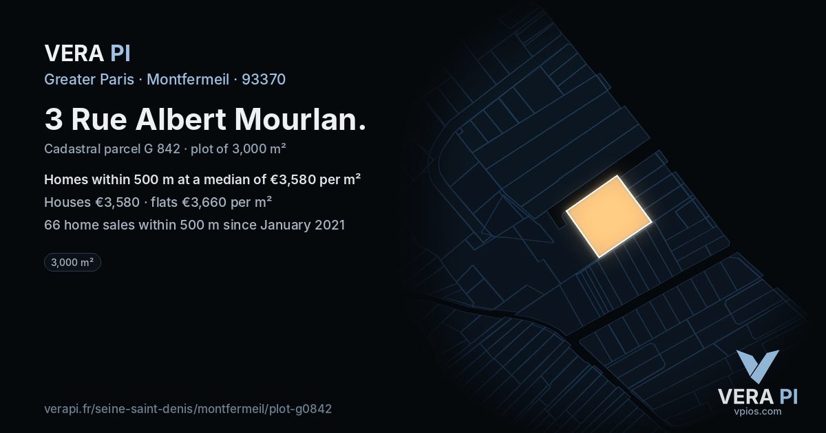 3 Rue Albert Mourlan, Montfermeil at night – the plot lit, the parcels around coloured by the prices near them