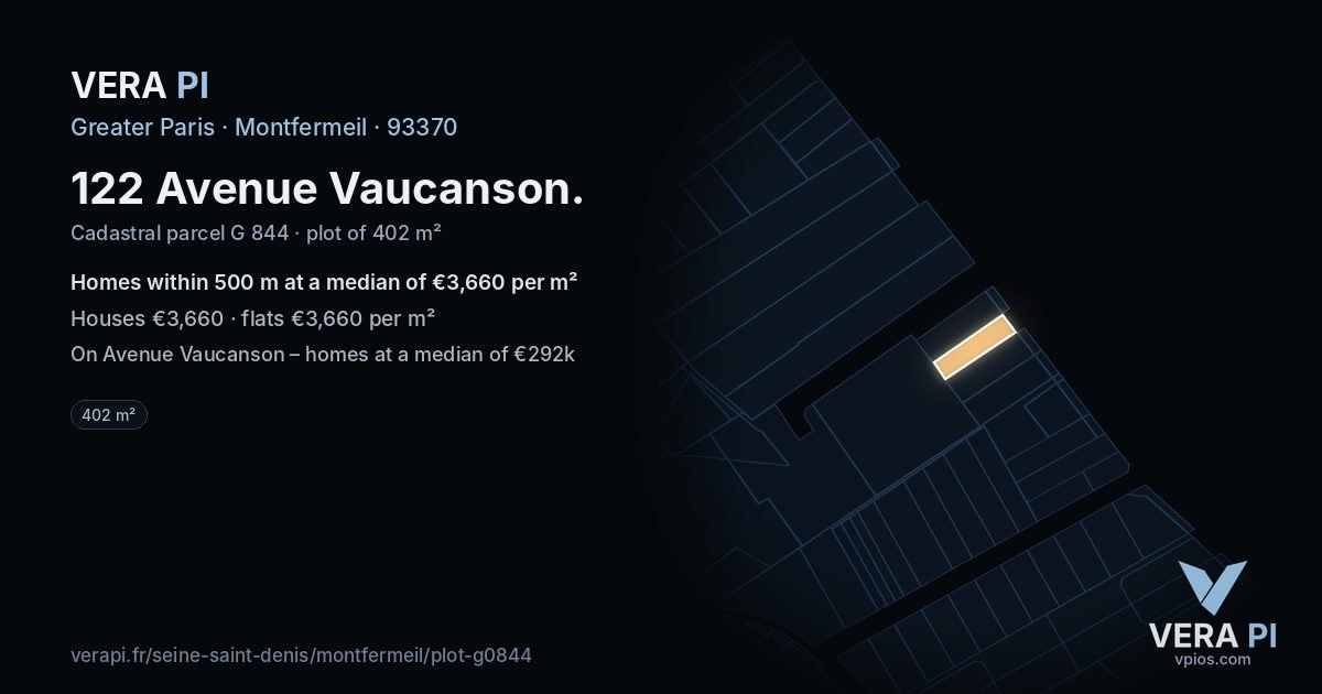 122 Avenue Vaucanson, Montfermeil at night – the plot lit, the parcels around coloured by the prices near them