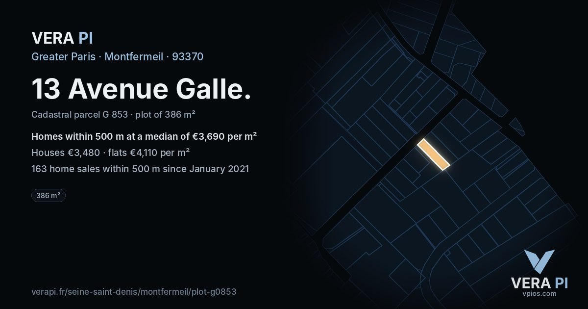 13 Avenue Galle, Montfermeil at night – the plot lit, the parcels around coloured by the prices near them
